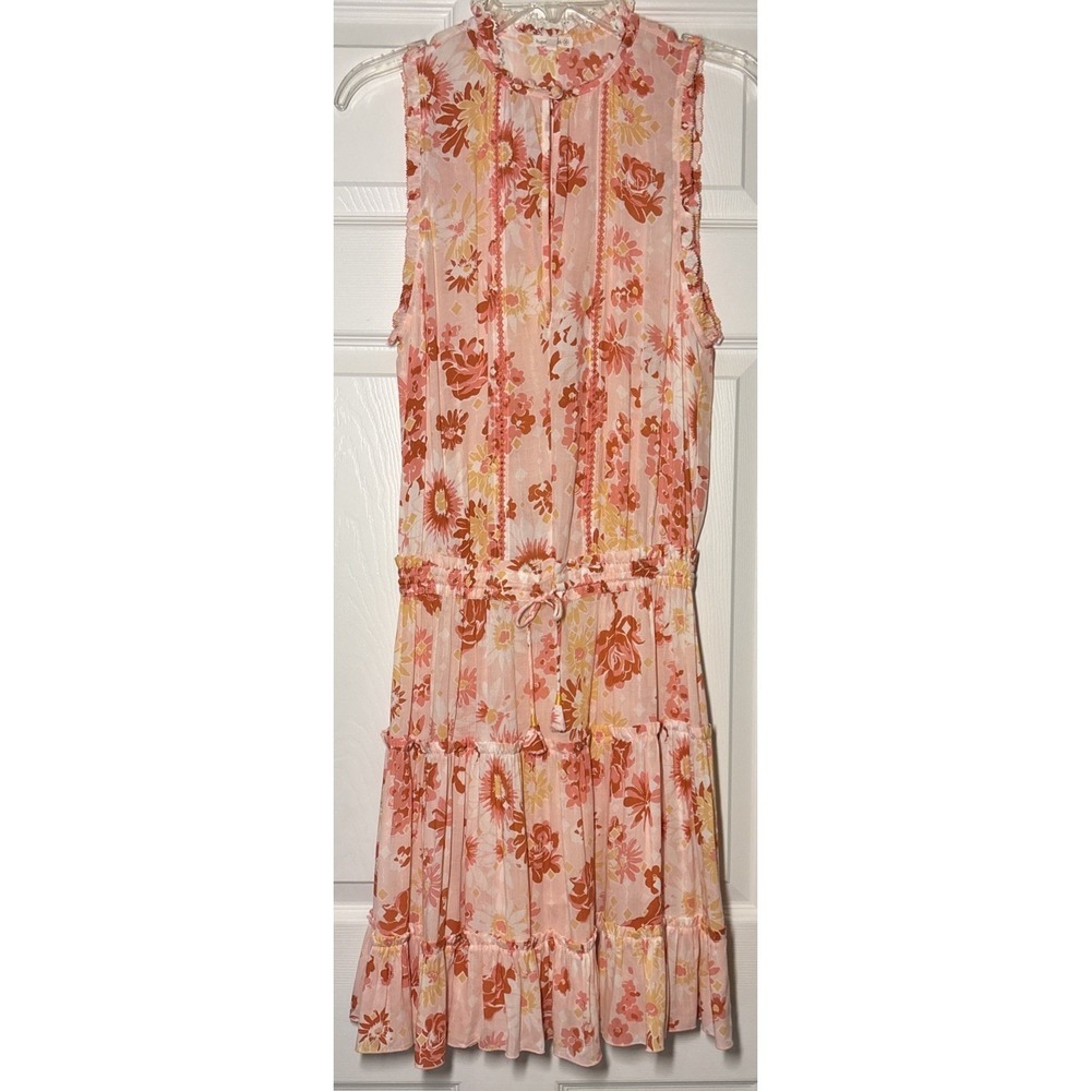 Poupette St Barth Mini Dress Women Pink Cinched Floral Tiered Boho Sleeveless S